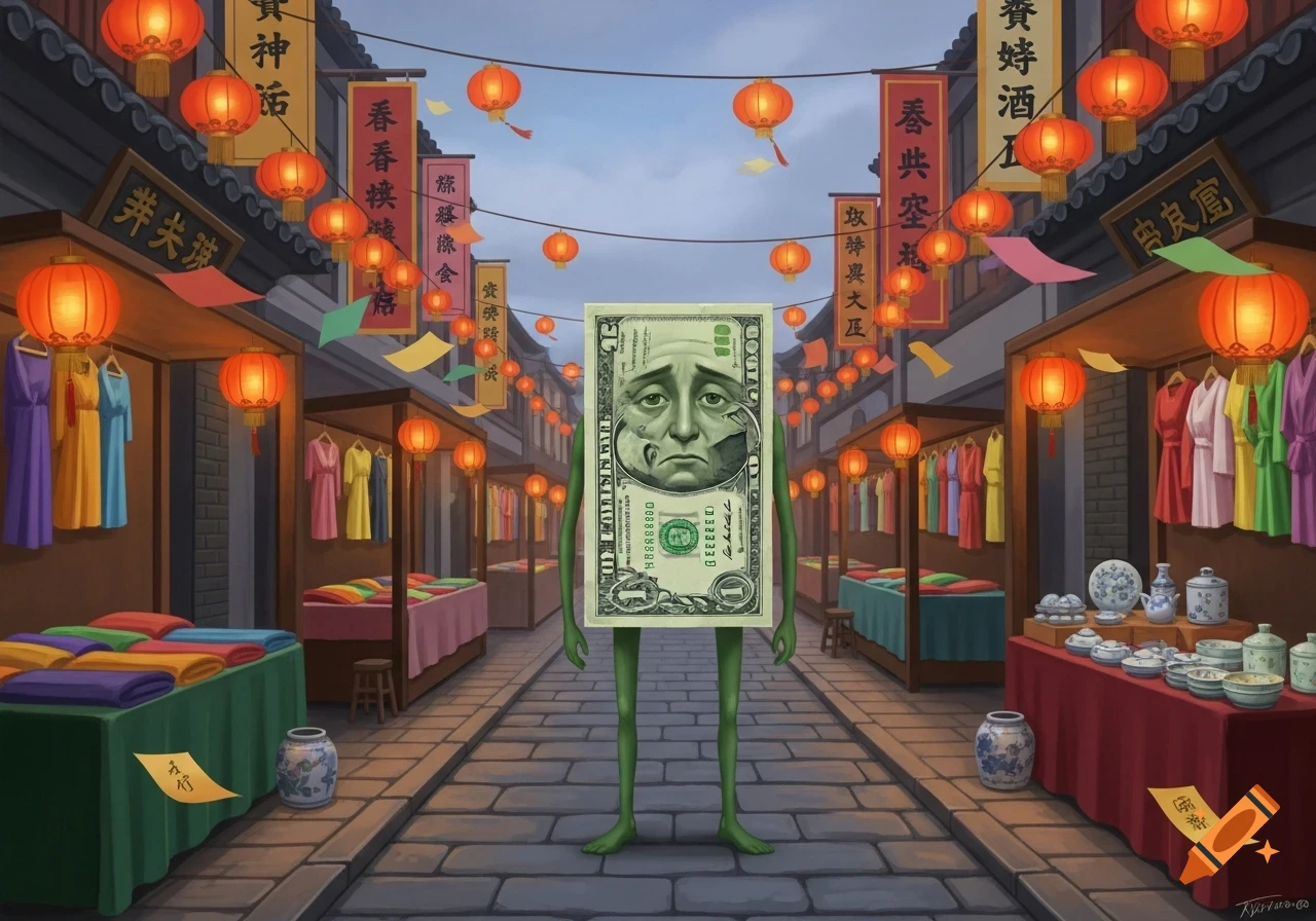 A sad dollar bill character with green arms and legs stands in a bustling Chinese market street adorned with red lanterns and banners, lined with stalls selling clothes and pottery.