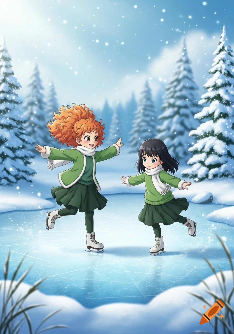 Two young anime girls with green outfits and scarves ice skate on a frozen lake in a snowy winter forest.