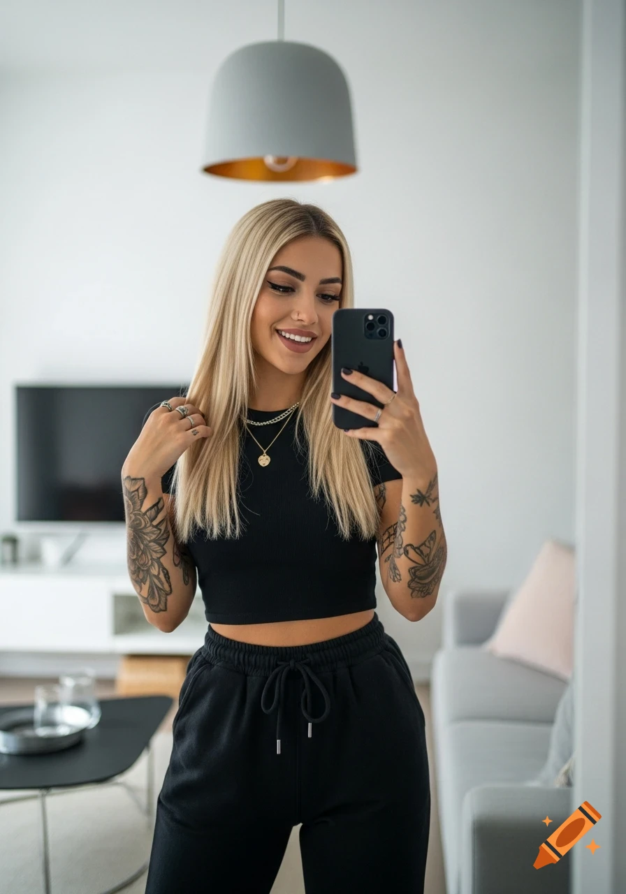 A smiling blonde woman with tattoos, wearing a black crop top and sweatpants, takes a selfie in a modern living room.