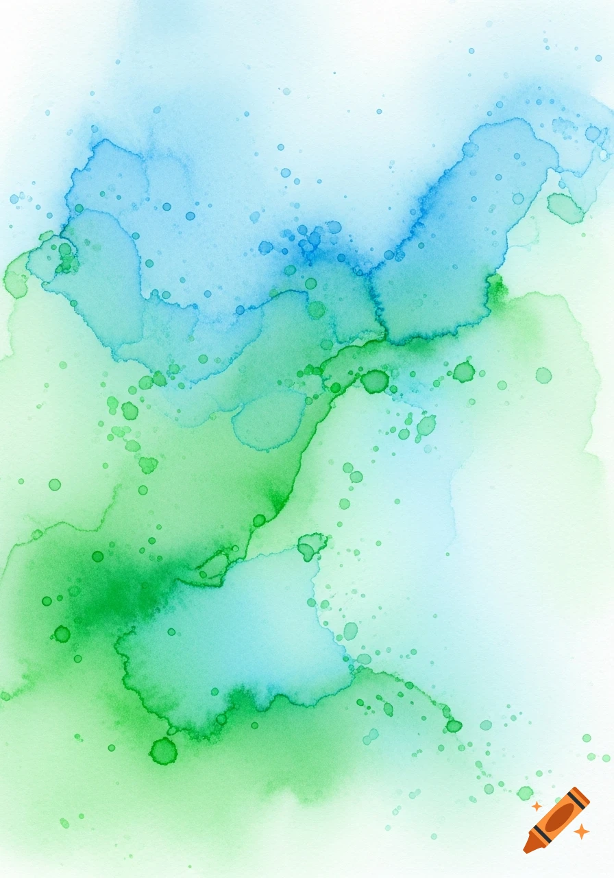 Abstract watercolor background with flowing blue and green hues and paint splatters.