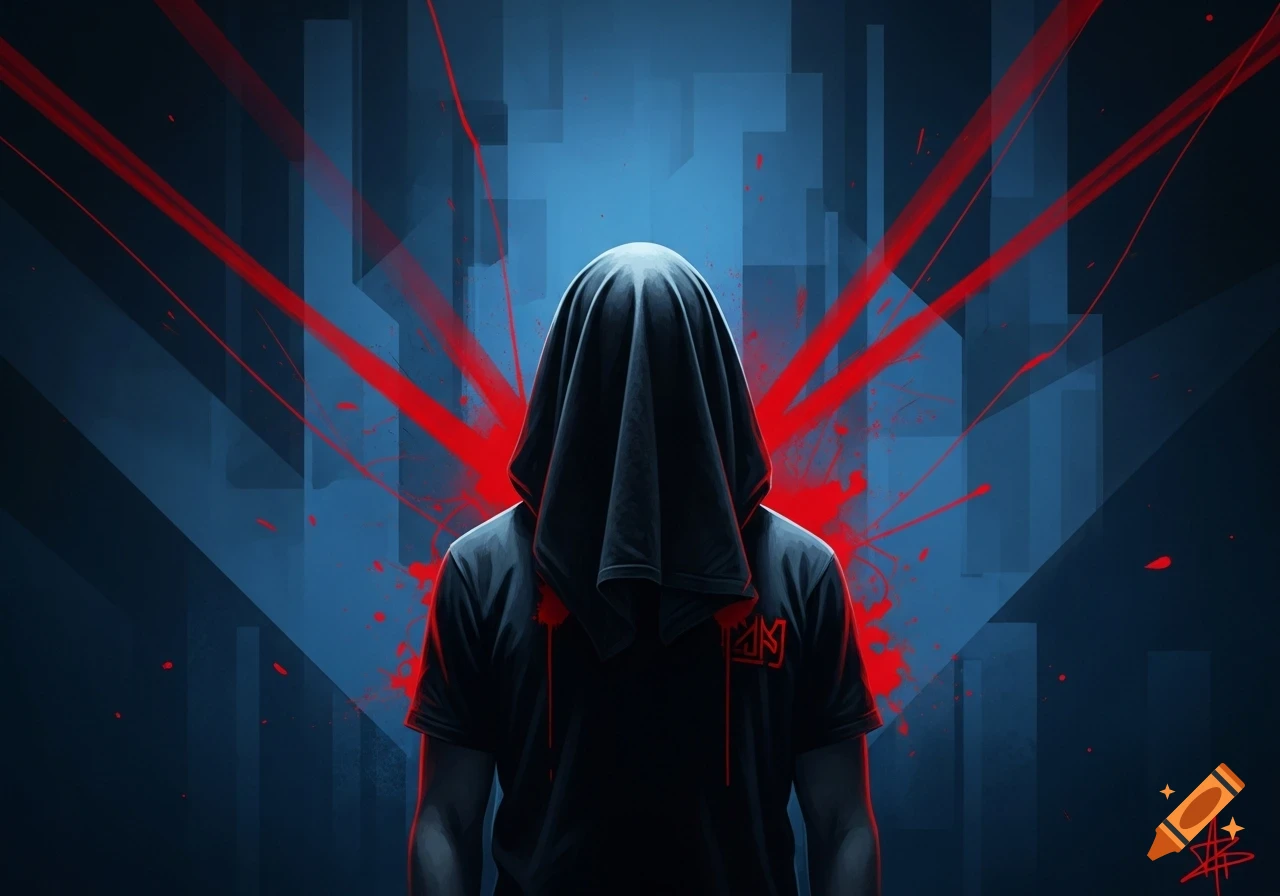 A cloaked figure in a black shirt stands against a dark blue background with red lines and splatters in a dramatic digital art style.