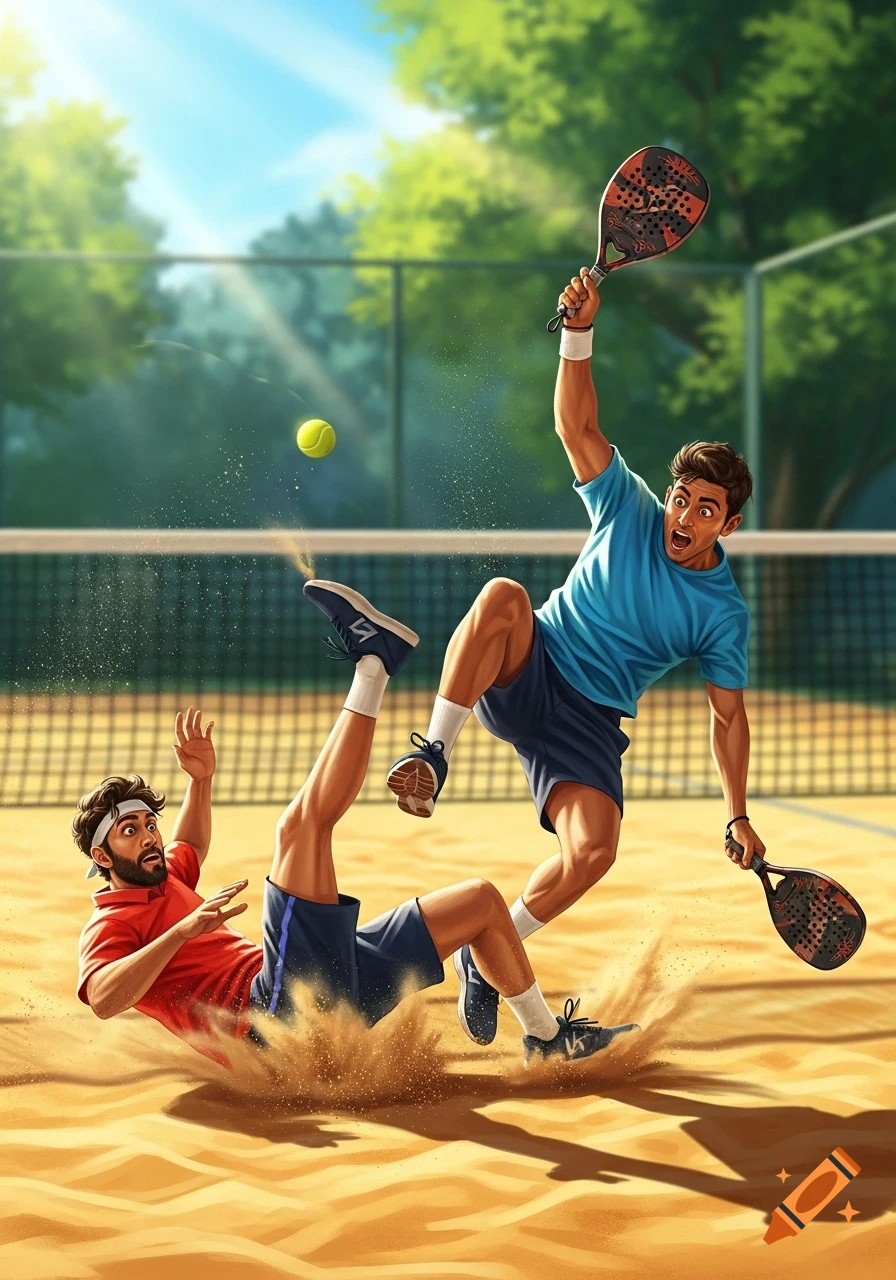 Two men playing padel on a sunny outdoor court, one falling in sand, the other jumping to hit a tennis ball mid-air.