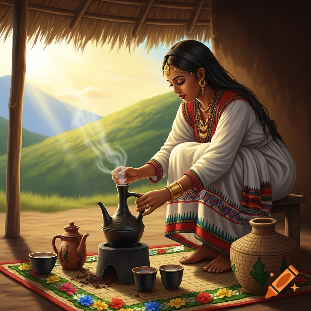 An Eritrean woman in traditional dress prepares coffee under a thatched roof with mountains at sunset, stylized.