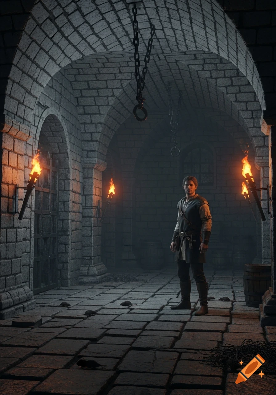 A man stands in a dimly lit stone dungeon, illuminated by torches, with chains hanging and rats on the floor.