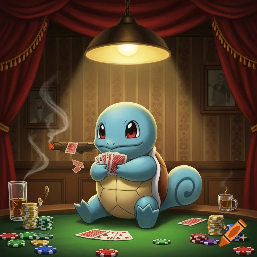 Squirtle playing poker, holding a hand of aces, surrounded by chips and a cigar, in a dimly lit, richly decorated room.
