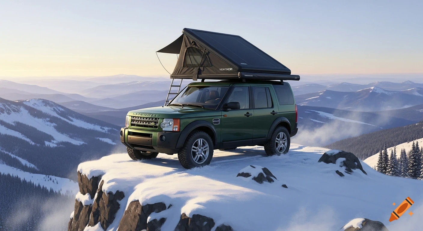 A dark green Land Rover Discovery with a black roof tent parked on a snowy mountain cliff overlooking a vast mountain range at sunset.