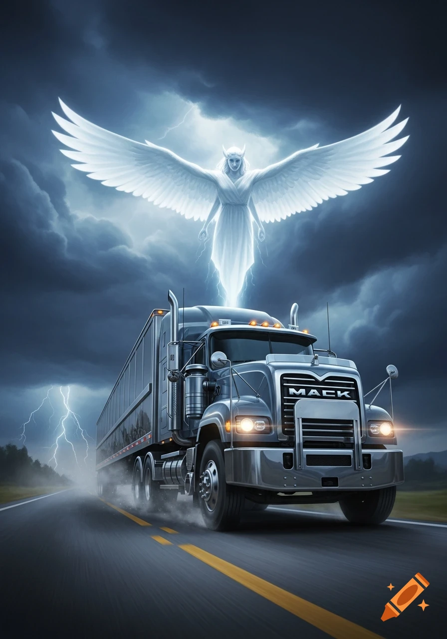 A glowing angelic figure with wings hovers above a semi-truck driving on a highway during a thunderstorm with lightning.
