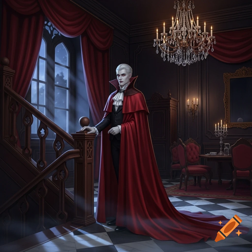 A pale vampire with white hair, red eyes, and a flowing red cape stands by a grand staircase in a dark, ornate gothic mansion.