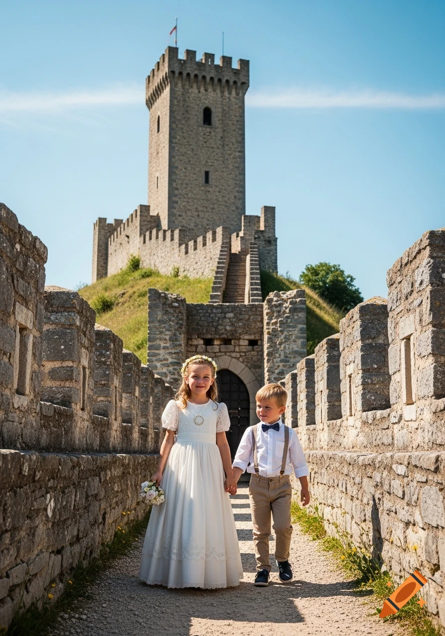 A girl in a white dress and a boy in a shirt with suspenders and bow tie hold hands, walking towards a stone castle.