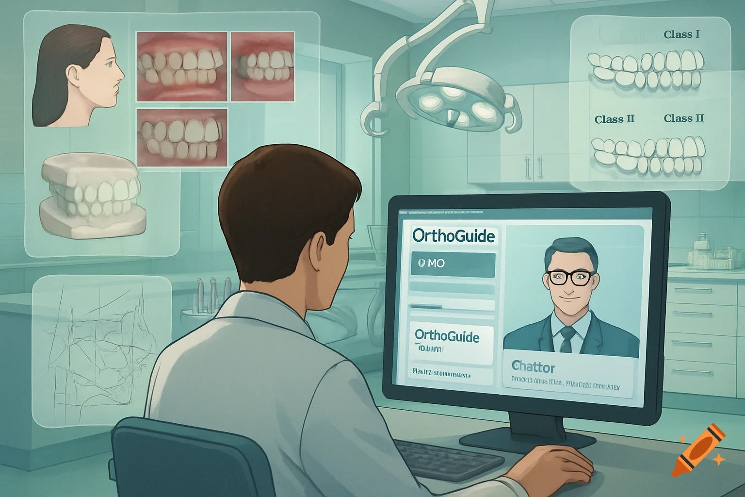 An illustration of a student in a dental clinic interacting with a computer displaying an "OrthoGuide" chatbot and orthodontic diagrams.