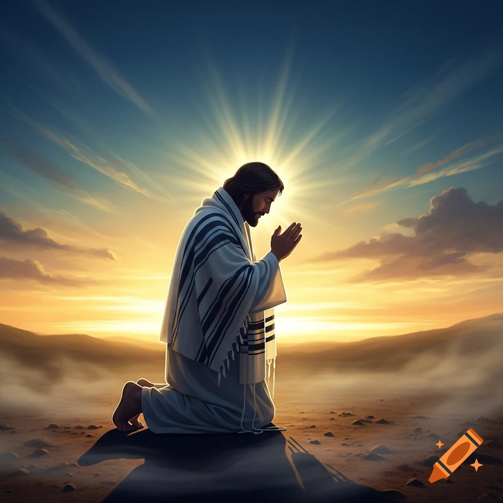 Digital art of Jesus kneeling in prayer at sunset, wearing a tallit, with sunbeams radiating behind him over a barren landscape.