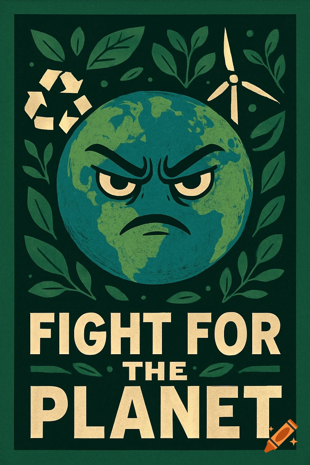 A stylized green environmental poster features an angry Earth, a recycling symbol, a wind turbine, leaves, and the text "FIGHT FOR THE PLANET".