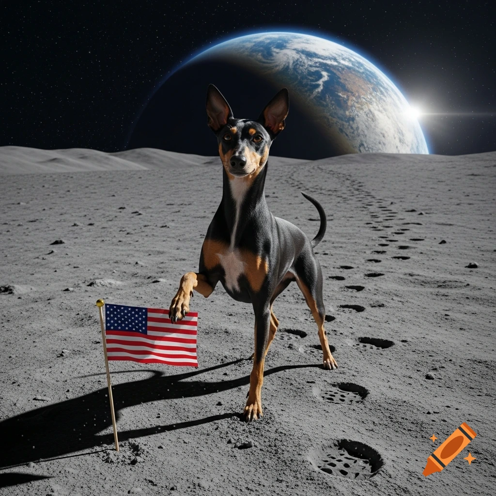 A photorealistic Prague Ratter dog stands on the moon, its paw on an American flag, with Earth rising in the background.