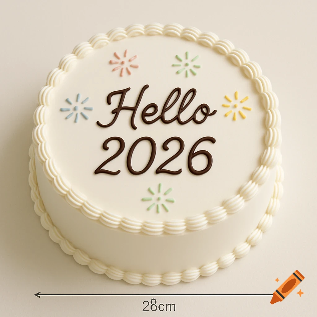 A white round cake decorated with chocolate "Hello 2026" text and colorful frosting bursts, showing a 28cm measurement.