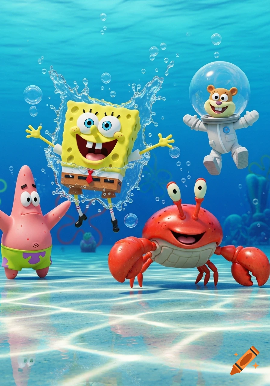 SpongeBob SquarePants, Patrick Star, Sandy Cheeks, and a red crab are depicted underwater in a vibrant 3D cartoon style, surrounded by bubbles and water splashes.