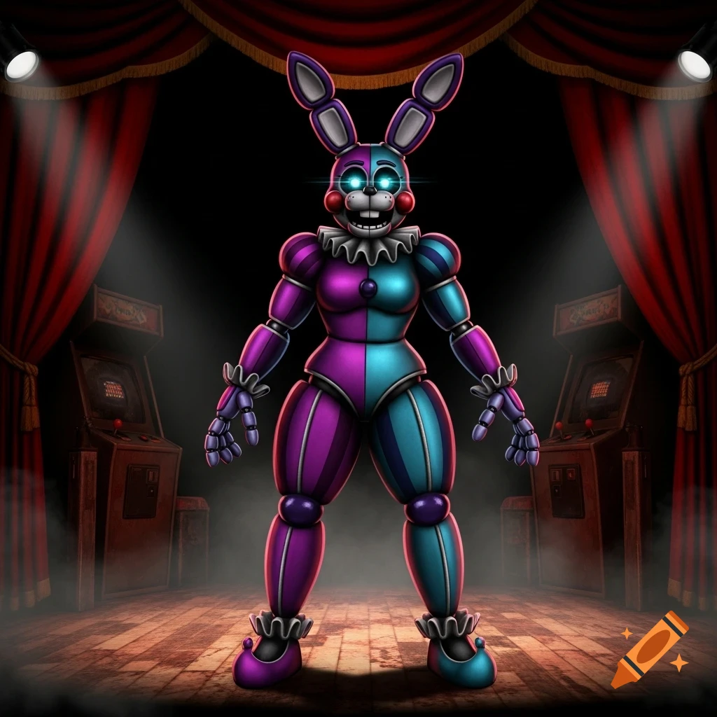 A purple and blue animatronic rabbit with glowing eyes, resembling a clown, stands on a stage with red curtains and arcade machines.