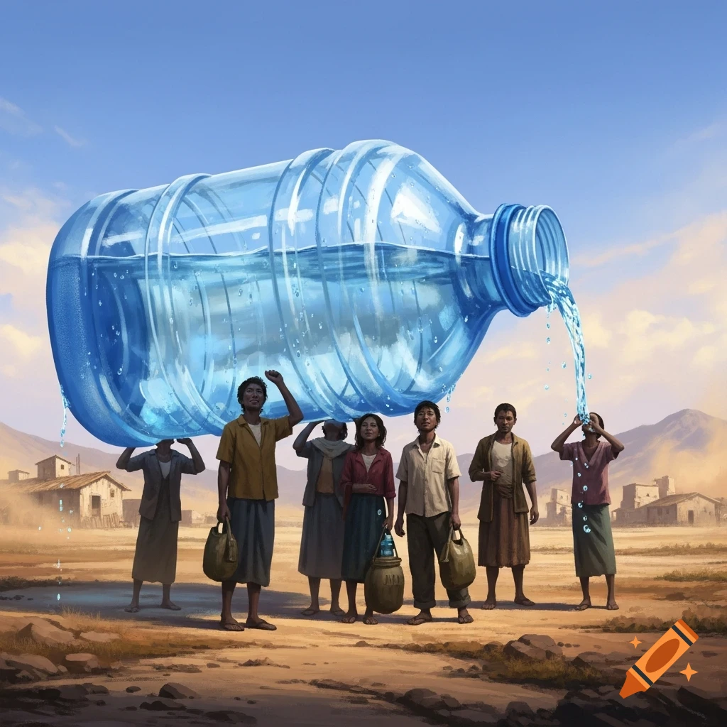 People in a dry, barren land drink from a giant water bottle pouring fresh water, a stark social commentary image.