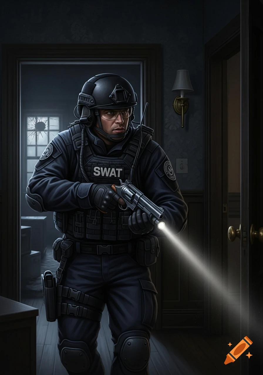 A tactical SWAT member in uniform holds a revolver with a flashlight beam, sweeping through a dark house with a broken window.