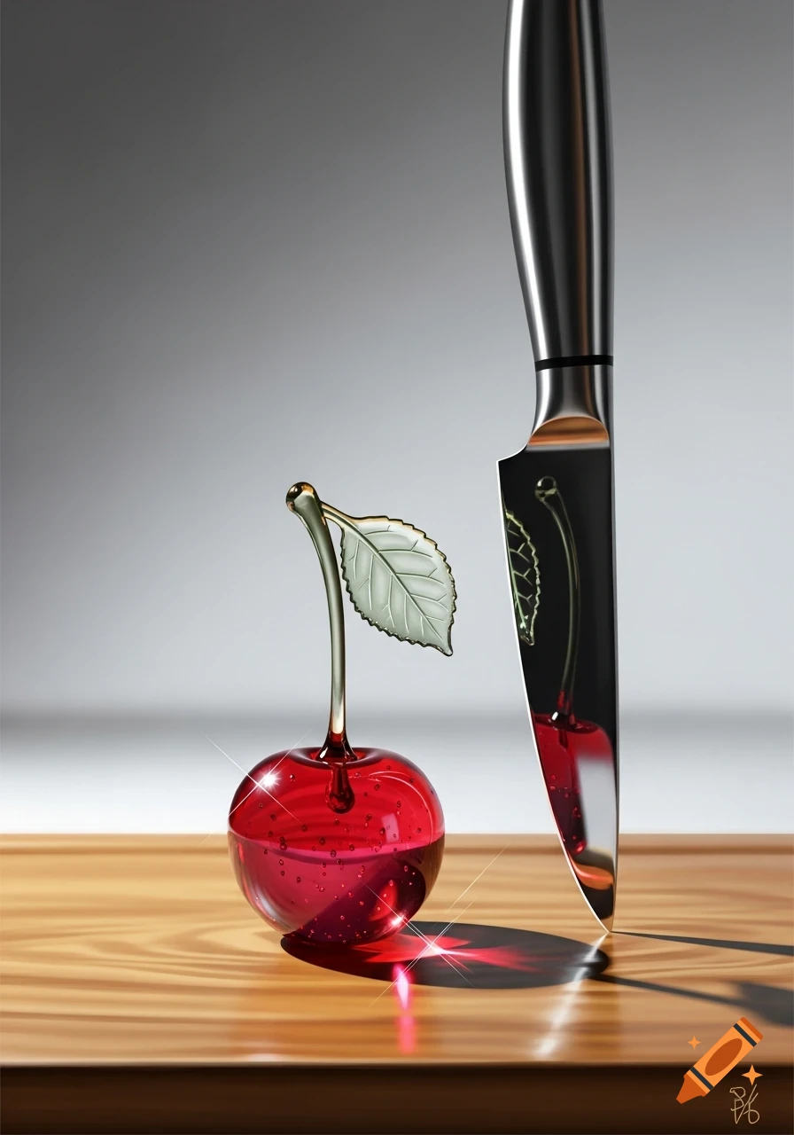 A photorealistic image of a transparent glass cherry with a green glass stem and leaf, next to a large chef's knife, on a wooden surface.