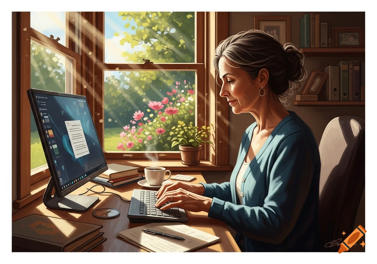 Middle-aged woman typing on a laptop at a sunlit desk with coffee, looking out a window at a vibrant garden.