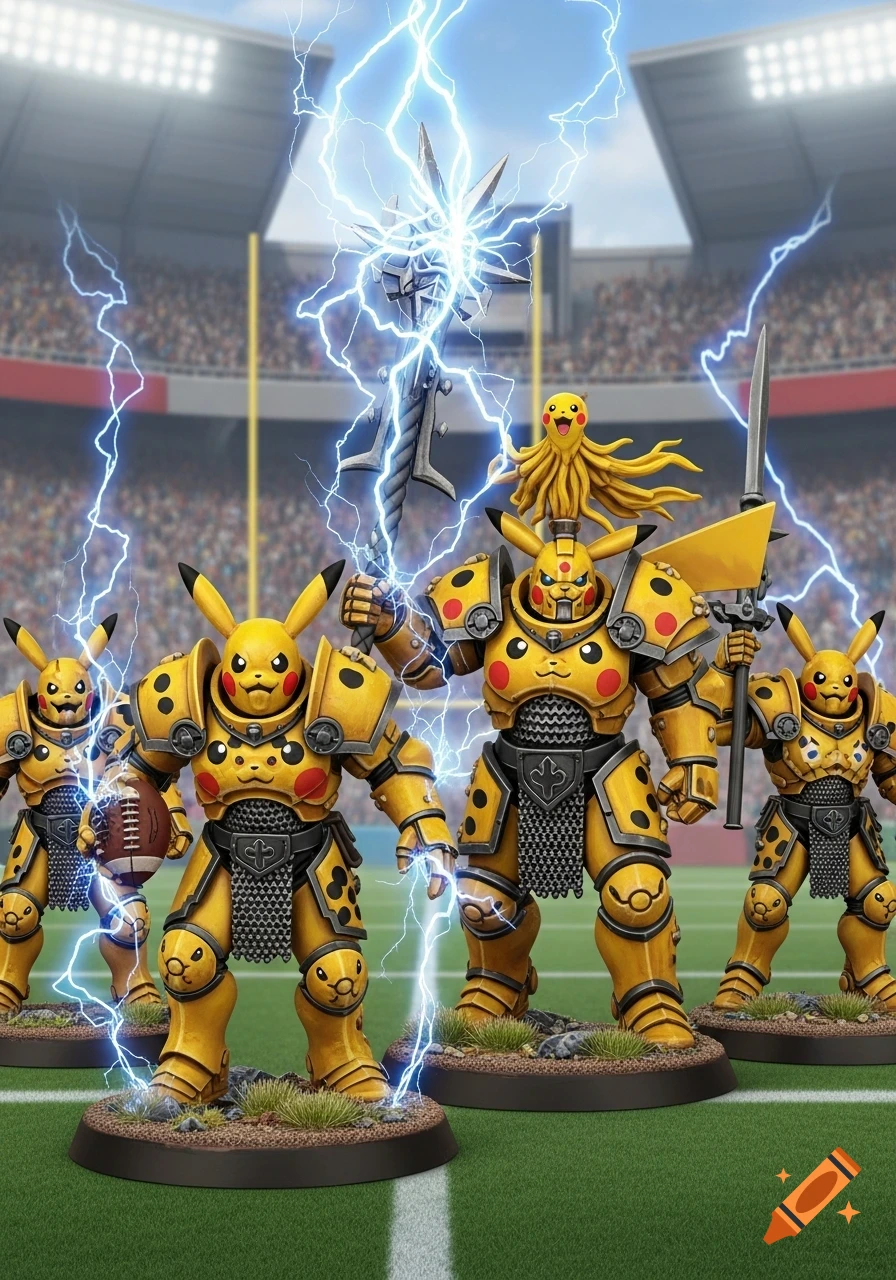 Four Pikachu-themed Warhammer Blood Bowl miniatures in golden armor, holding weapons and a football, stand on a green football field with lightning striking around them and a stadium in the background.