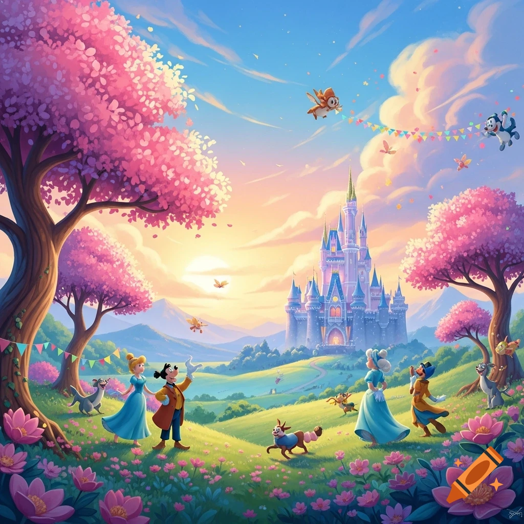 Fantasy landscape with a Disney castle, Cinderella, Goofy, and animals among pink cherry blossom trees and flowers at sunset.