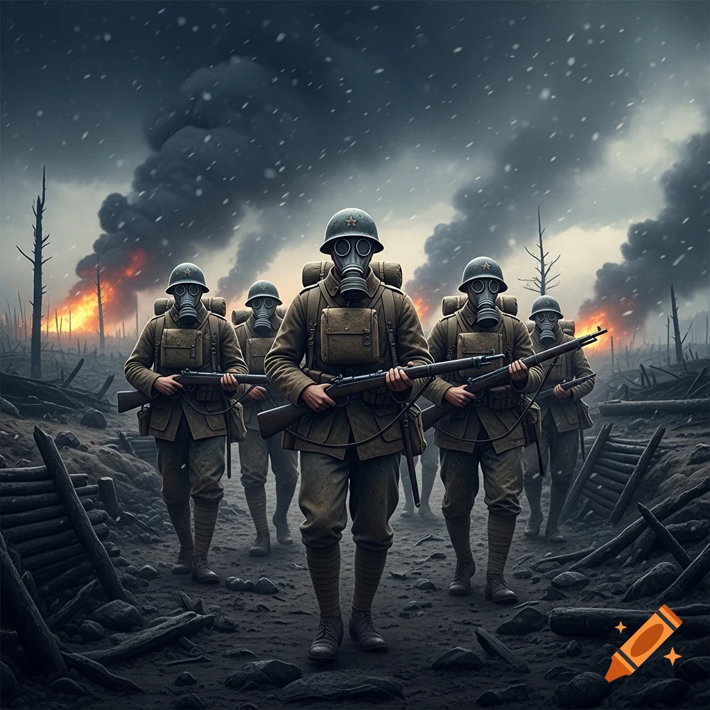 Five WWI American soldiers in gas masks and trench coats with rifles walk through a snowy, burning apocalyptic battlefield.