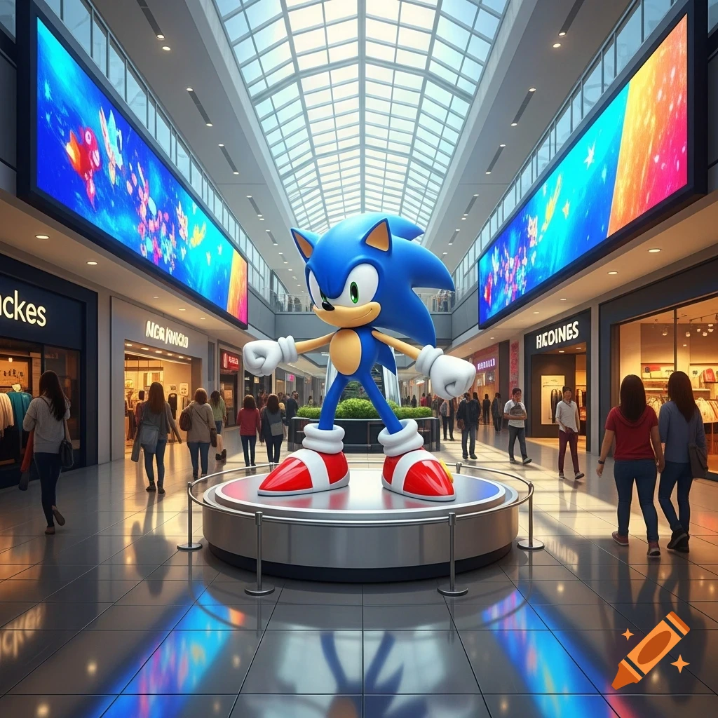 A photorealistic image of a large Sonic the Hedgehog statue standing on a circular platform in the middle of a brightly lit shopping mall, surrounded by shoppers and stores.