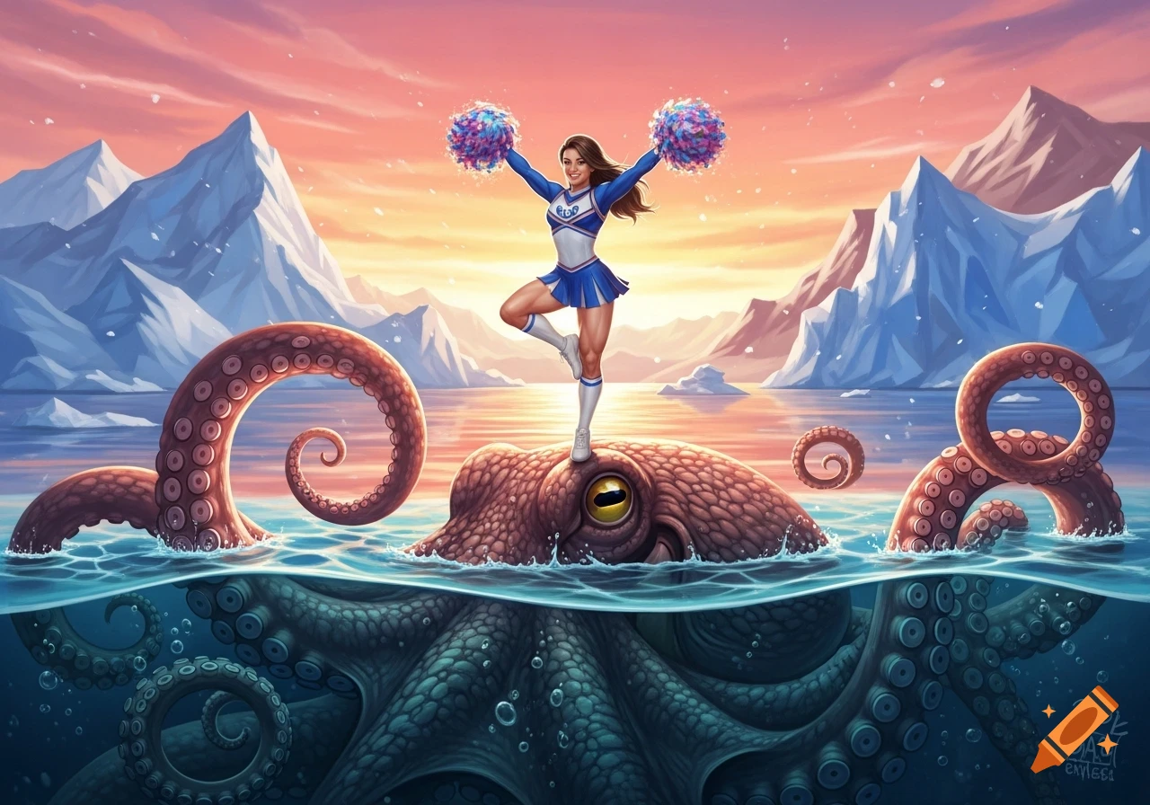 A muscular cheerleader in a blue and white uniform stands on a large octopus in a sea surrounded by icy mountains under a sunset sky.