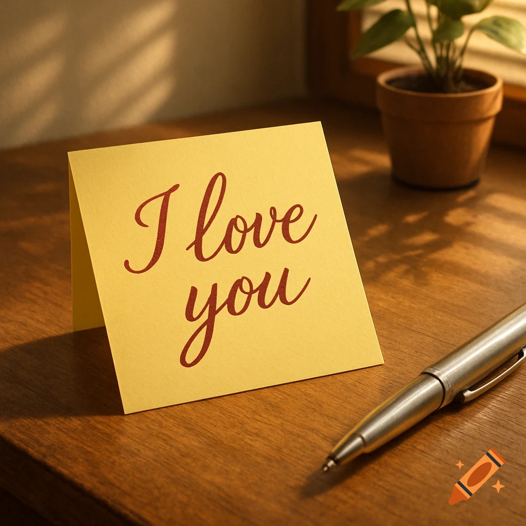A yellow card with "I love you" written in red script, next to a silver pen on a wooden desk with a plant in the background, bathed in warm sunlight.