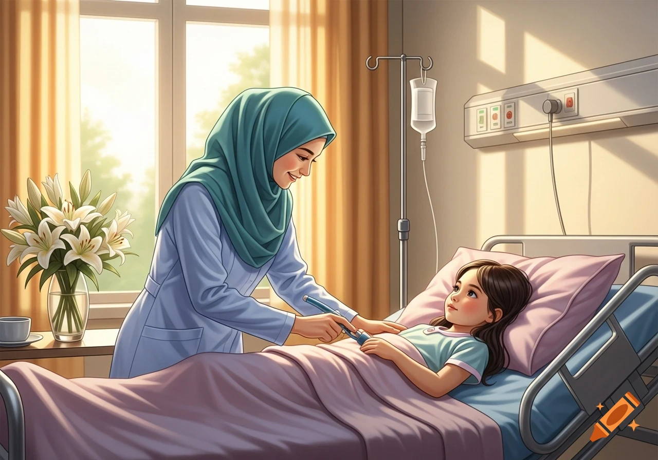 An illustration of a smiling Muslim nurse in a teal hijab attending to a young girl lying in a hospital bed, bathed in sunlight.