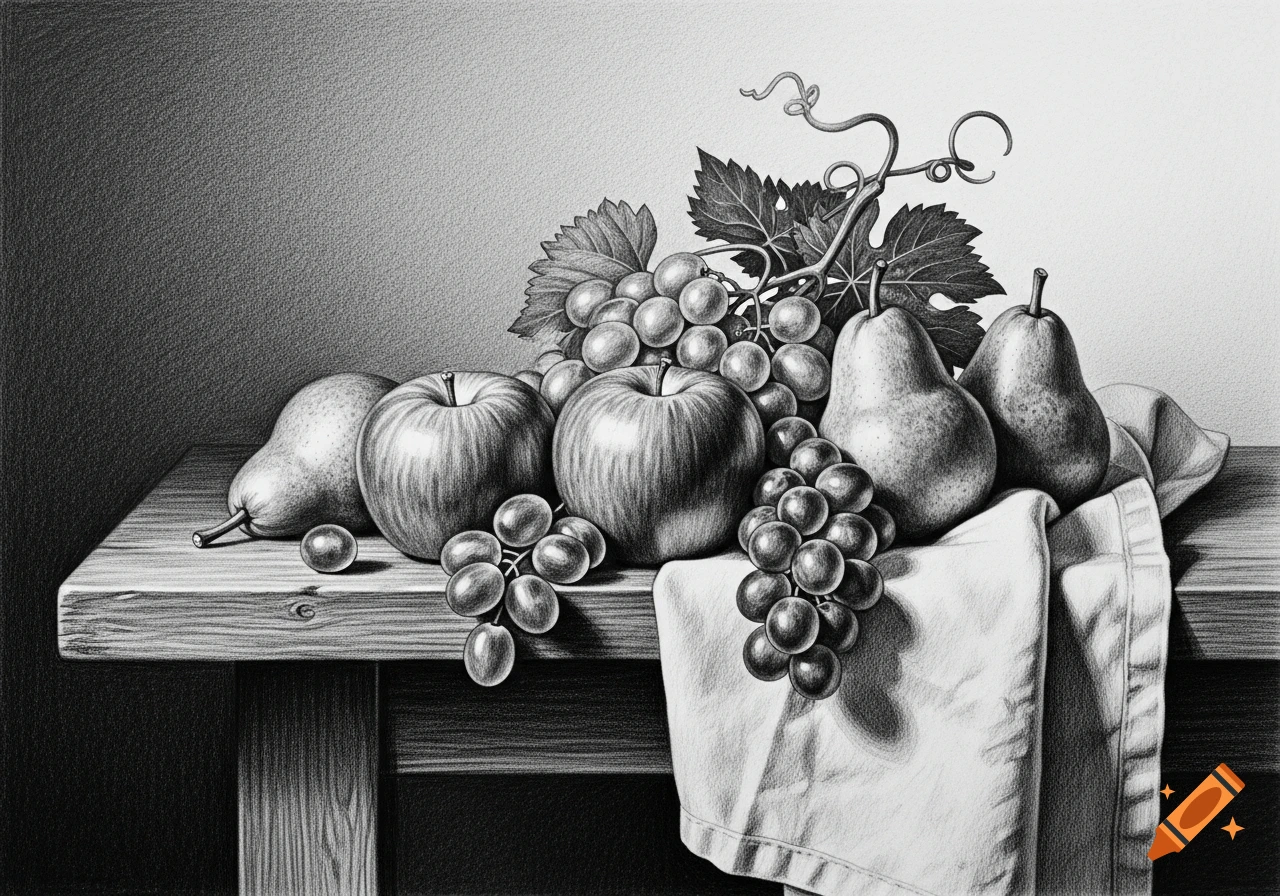 Detailed black pencil drawing of a still life with apples, pears, and grapes on a wooden table with a cloth.