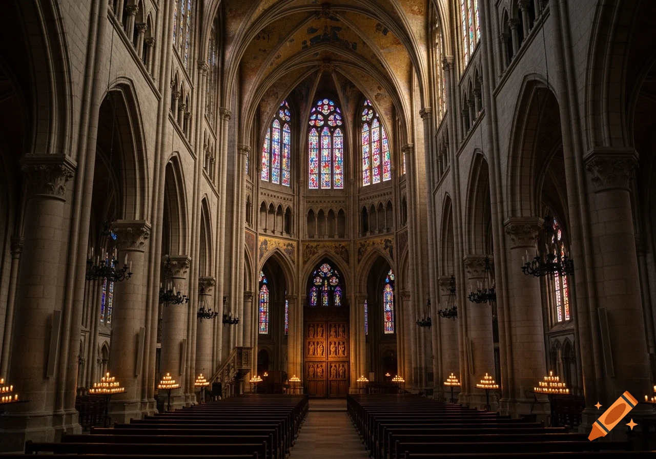 Grand interior of a gothic church with rows of pews, stained glass windows, and lit candles, leading to an ornate door.
