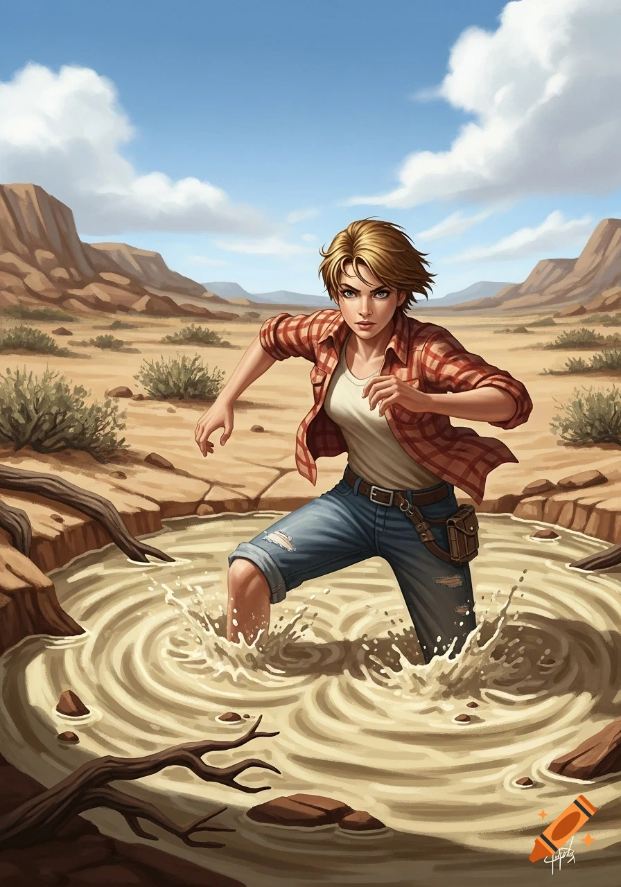 A determined short-haired woman in a plaid shirt and ripped jeans wades through muddy quicksand in a desert landscape.