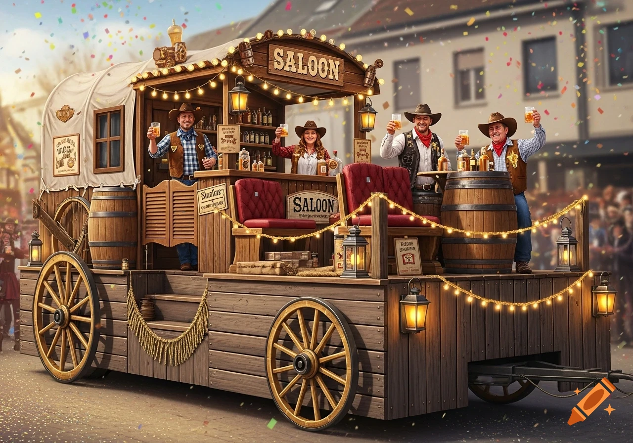 A festive saloon-themed parade float with cowboys and a cowgirl holding drinks, surrounded by confetti.