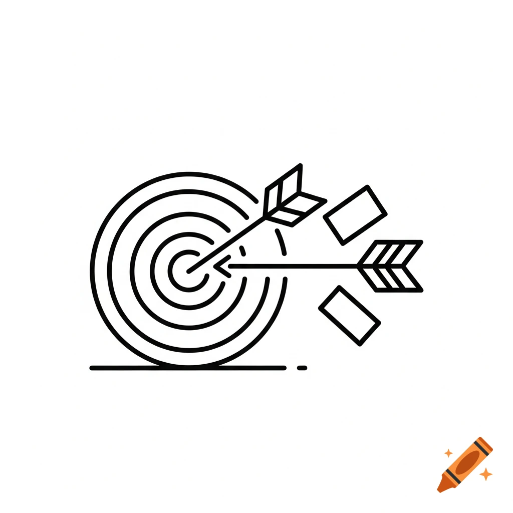 Minimalist black outline icon of a bullseye target with an arrow hitting it and extending towards two task blocks.