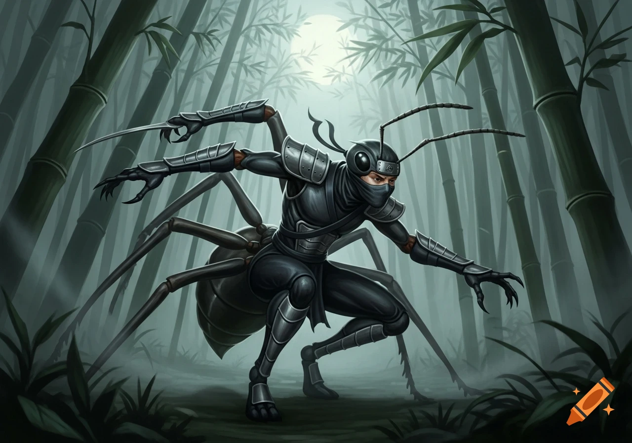 A shadowy ant-humanoid ninja in a bamboo forest, with blades on its forearms and antennae, poised to strike.