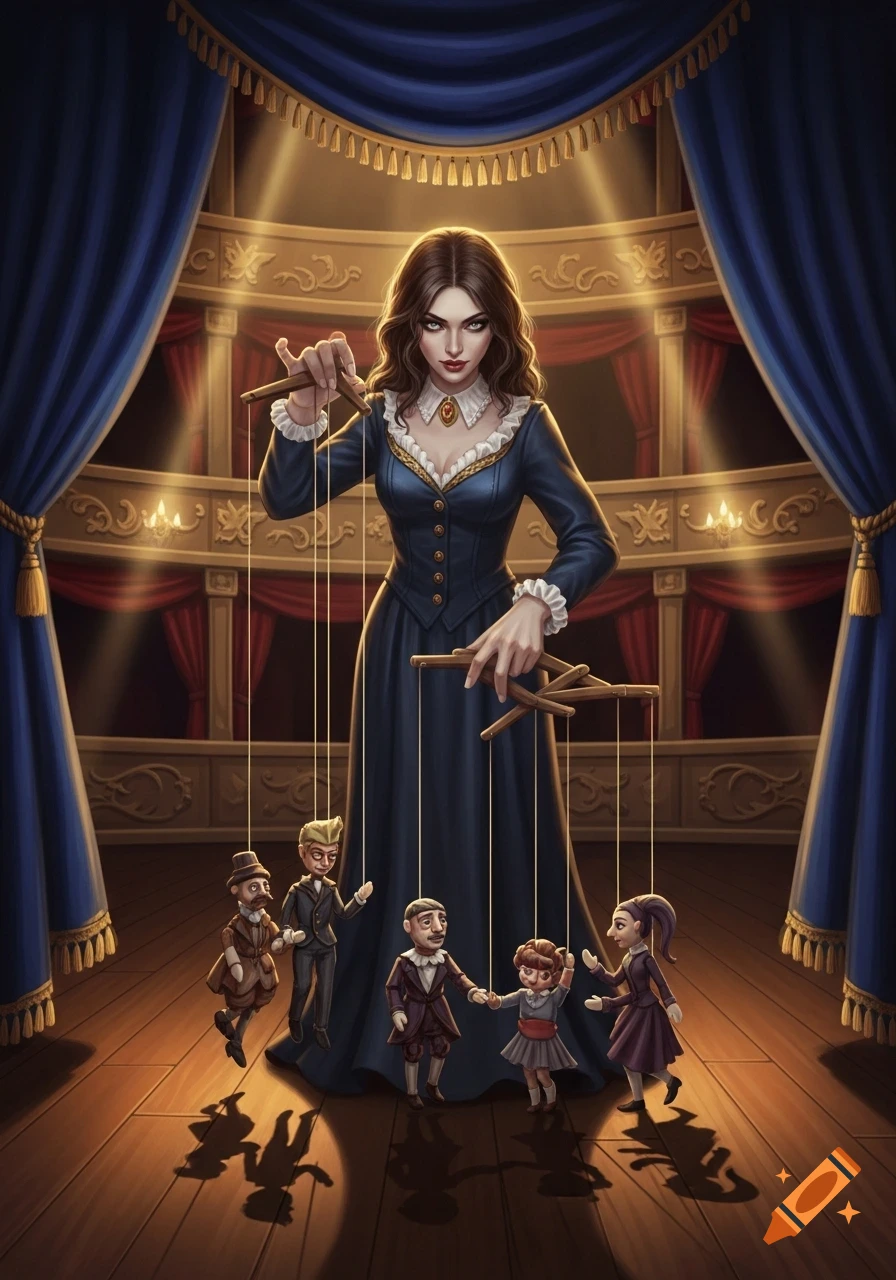 A dark-haired female puppet master in a blue Victorian-style dress manipulates several small puppet figures on a dimly lit wooden stage with blue curtains. Stylized digital illustration.