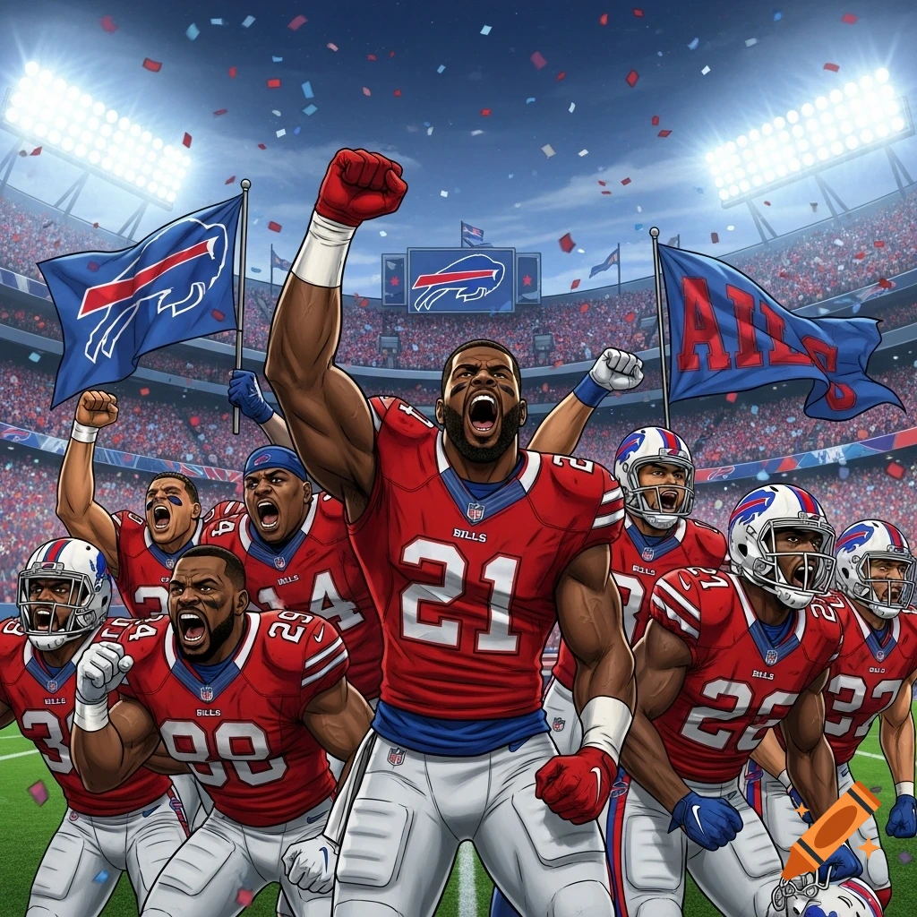Group of muscled Buffalo Bills football players in red and white jerseys celebrating on a field, waving flags in a stadium with confetti falling.