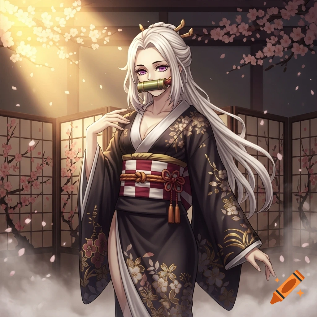An anime woman with white hair and purple eyes, wearing a black floral kimono and bamboo muzzle, poses in a traditional Japanese room with cherry blossoms.
