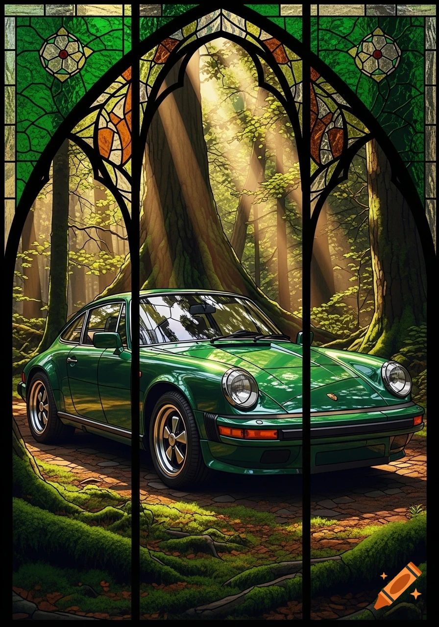 A vintage dark green Porsche 911 sits in a sunlit forest, framed by an ornate Gothic stained glass window.