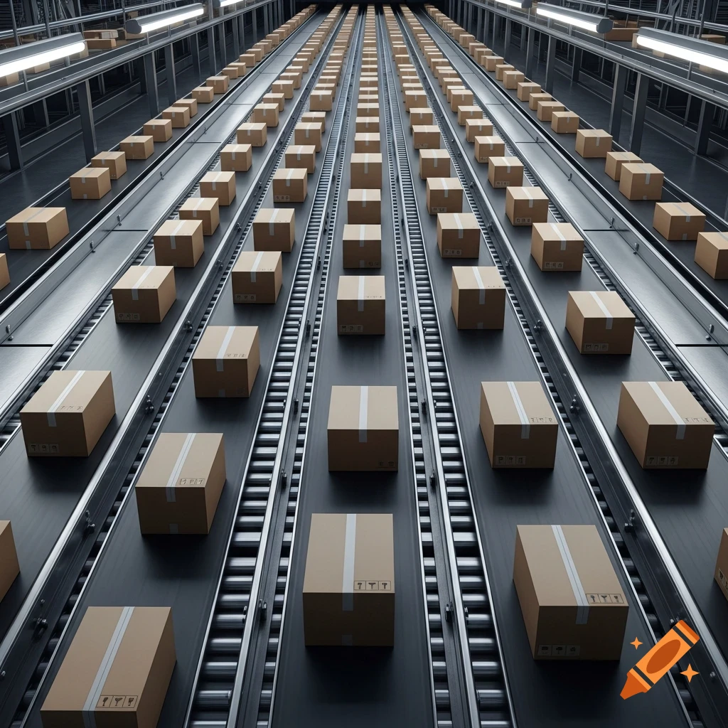 High-angle view of multiple parallel conveyor belts moving numerous brown cardboard boxes in an automated warehouse.