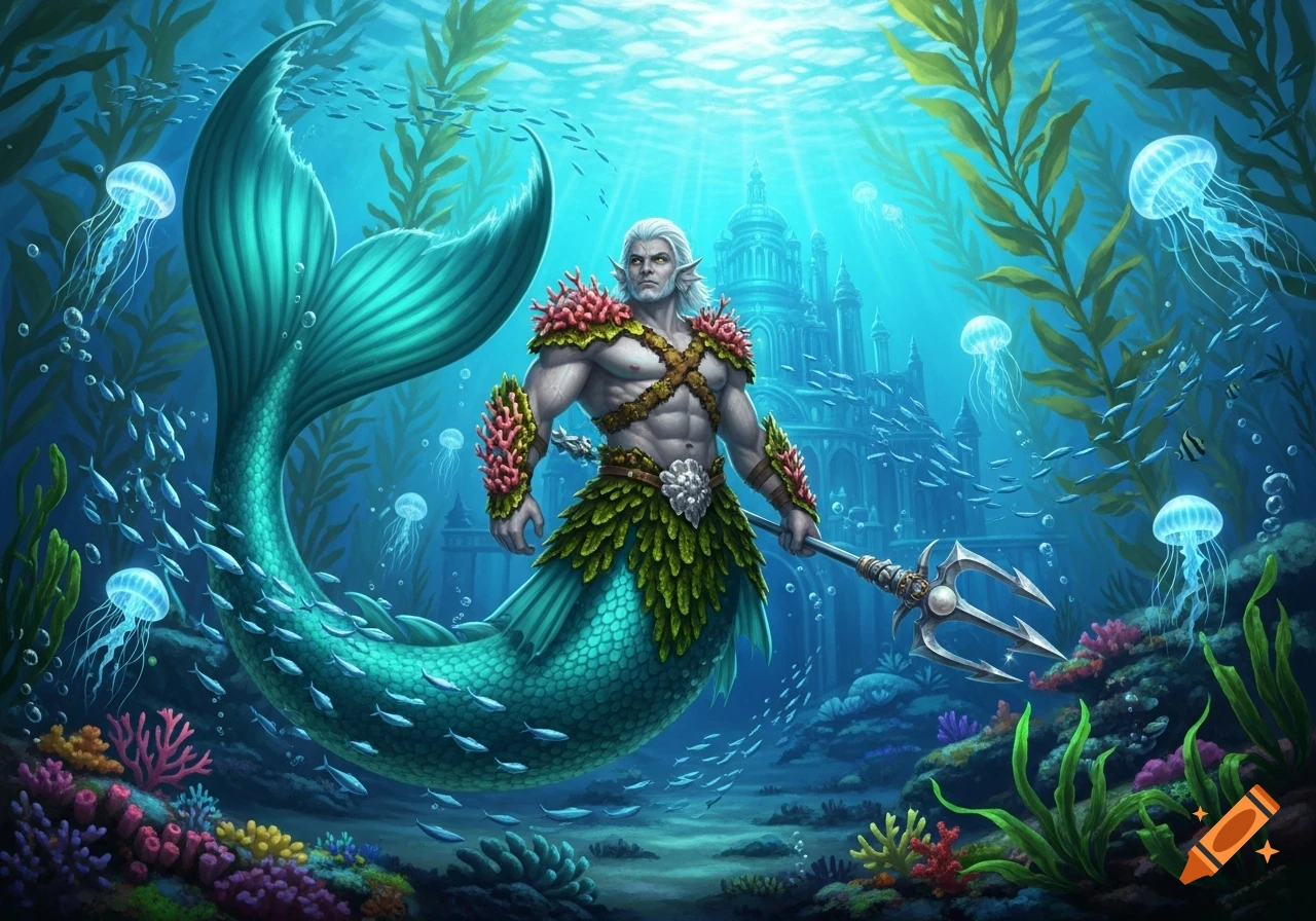 A muscular merman soldier holds a trident in a vibrant underwater ...