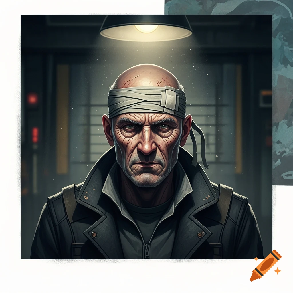 A stylized, intense portrait of a bald, elderly man with a bandage on his head, wearing dark clothing under a spotlight.