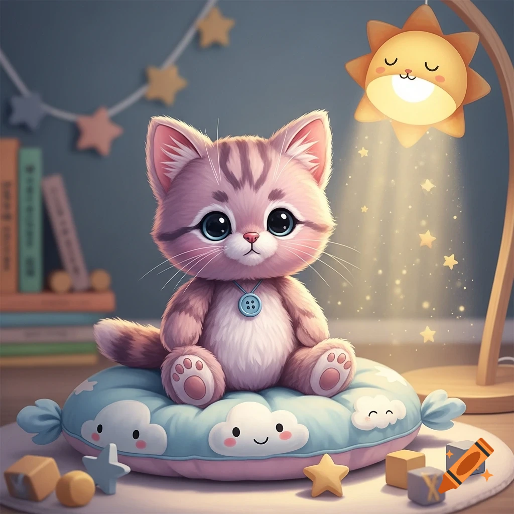 A cute pinkish-gray kitten plushie sits on a cloud pillow in a softly lit nursery with a sun lamp.