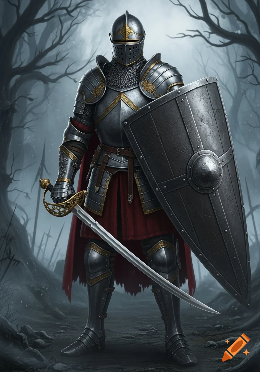 A fully armored medieval knight in a red tunic stands with a sword and a kite shield in a dark, misty forest with bare trees.
