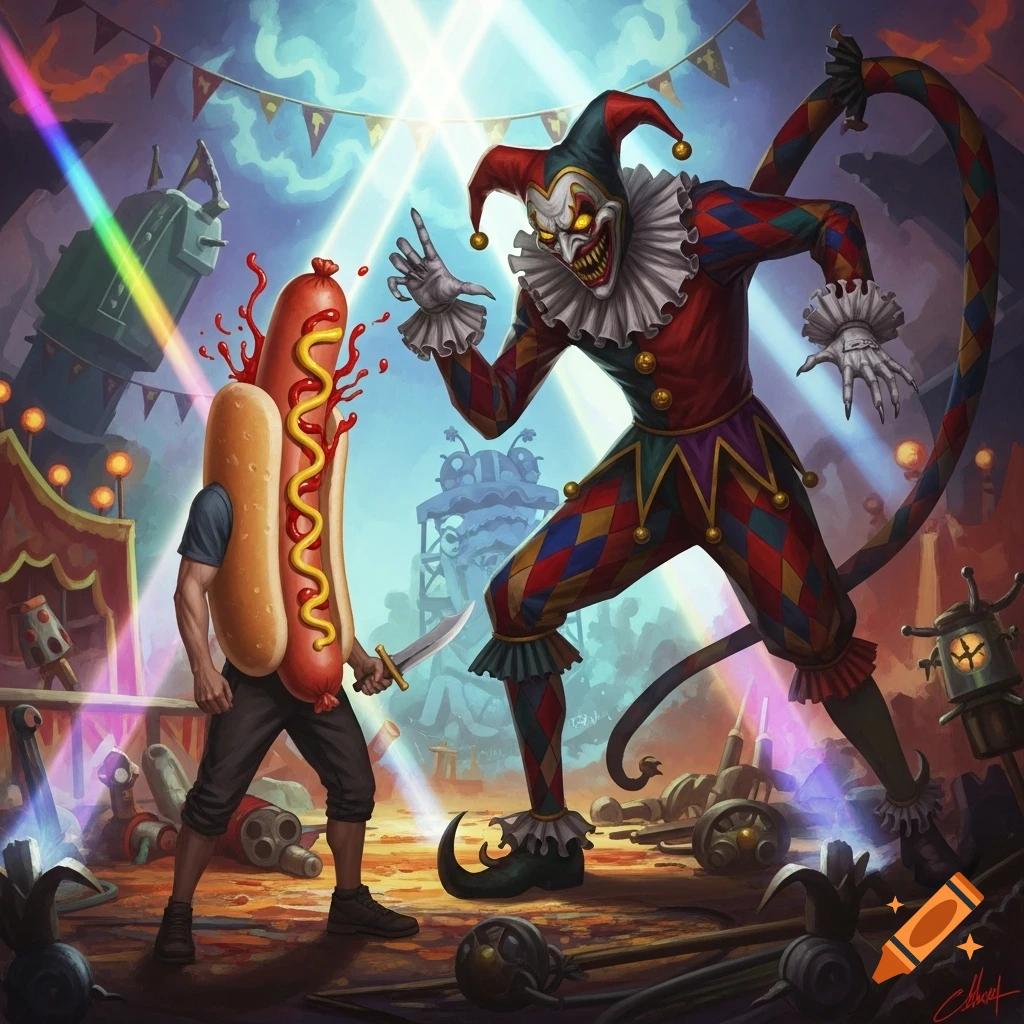 A man with a hotdog head wielding a dagger fights a monstrous jester in a stylized, chaotic carnival scene.