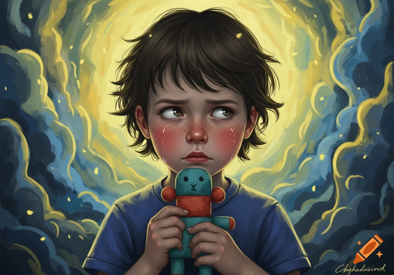 A stylized illustration of a crying child with freckles, holding a small teal and red doll, against a swirling yellow and blue background.