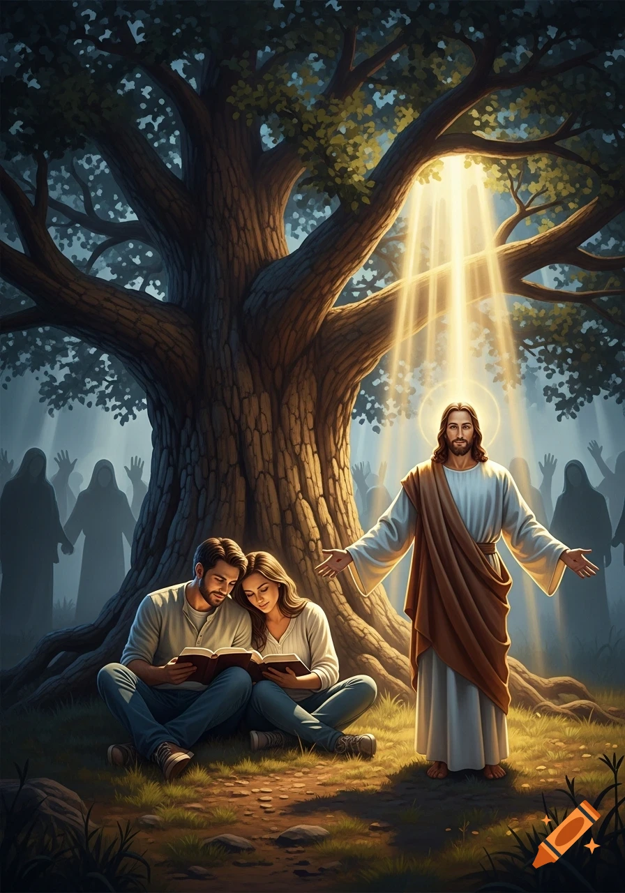 Jesus with open arms and golden light, watching a couple read books under a large tree, with shadowy figures in the background.