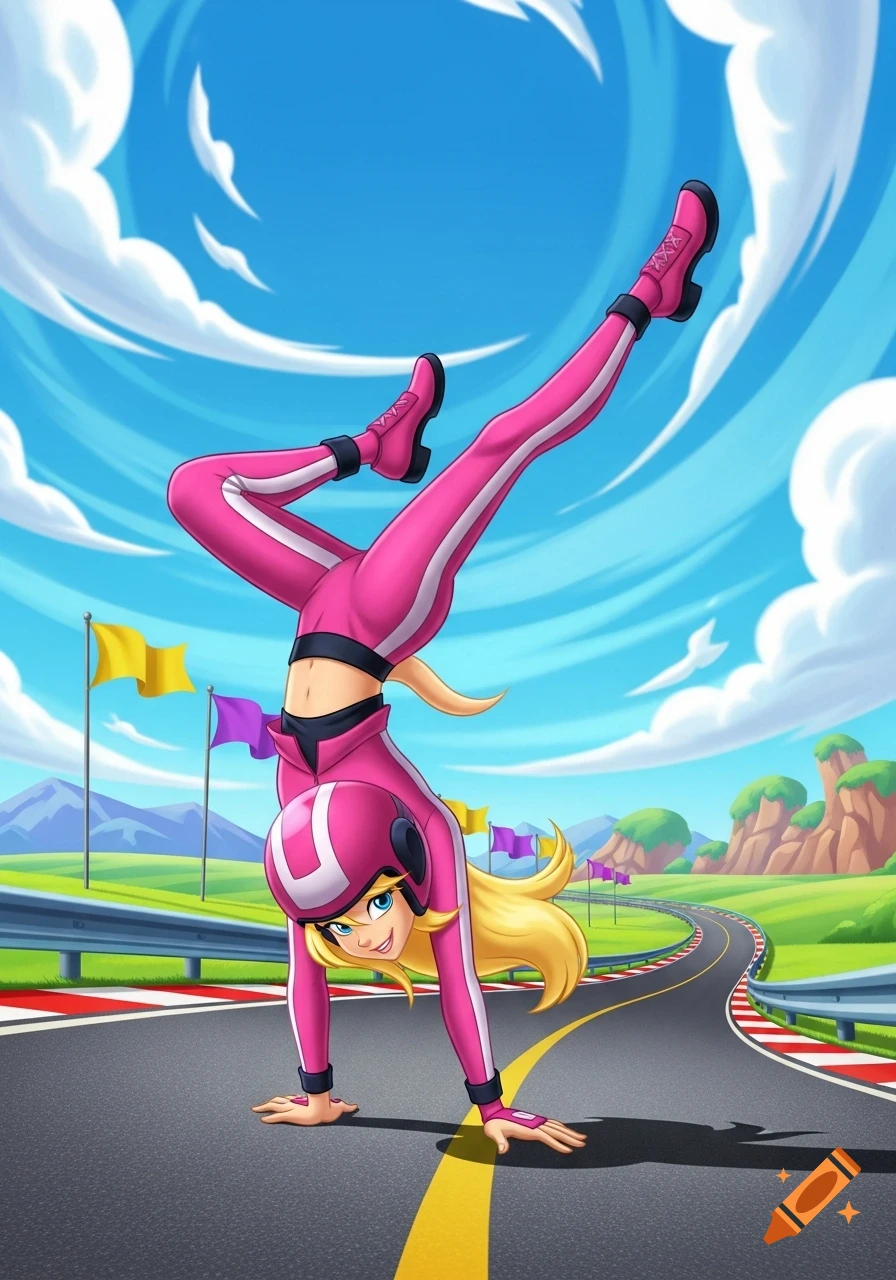A cartoon blonde woman in a pink racing suit and helmet doing a handstand on a racetrack under a blue sky.